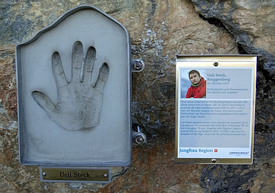 Ueli Steck plaque on the North Face of the Eiger.