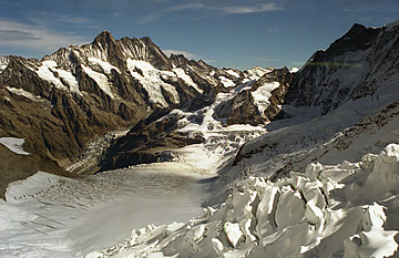View from Eismeer: Schreckhorn on the left and the Lower Grindelwald Glacier September 1990
